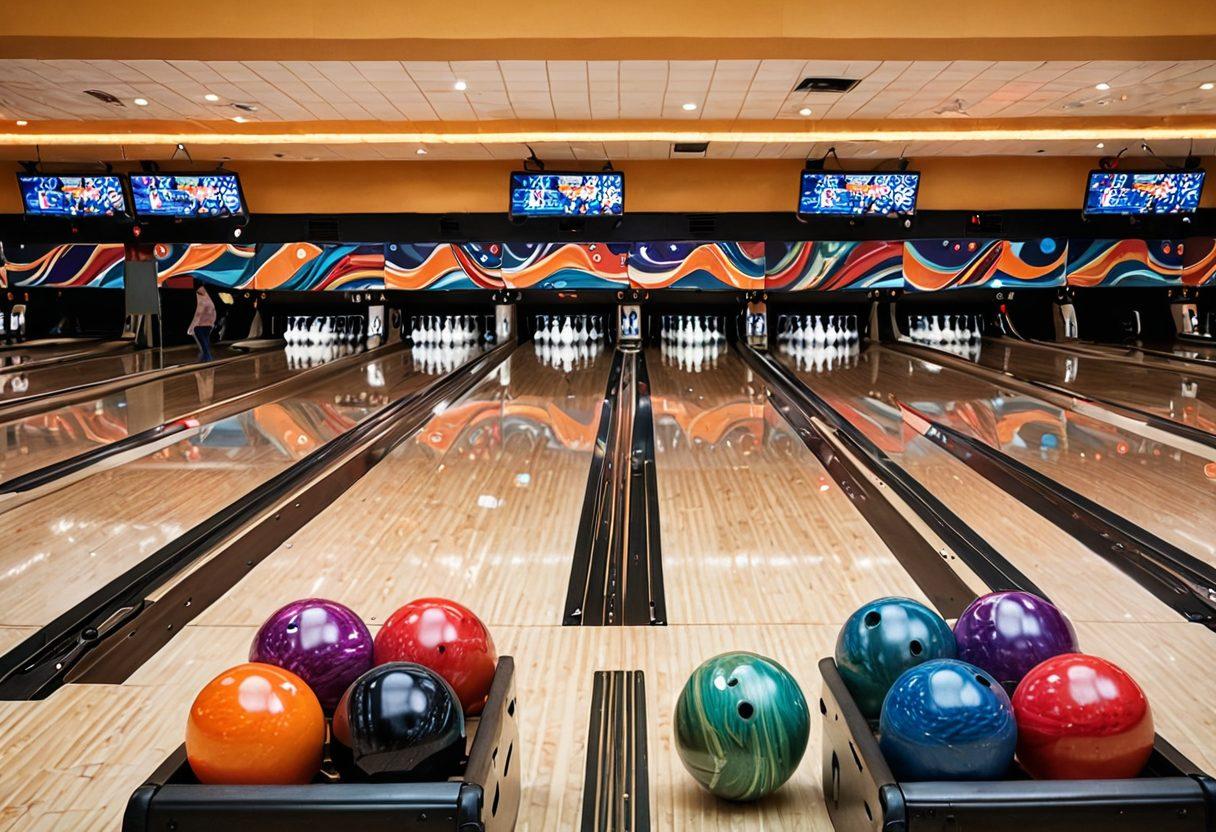 A lively bowling alley filled with diverse bowlers of all ages, showcasing a tournament atmosphere with colorful bowling balls and dynamic strikes creating kinetic energy. Incorporate banners displaying tips and trends, with a background of cheering spectators and a scoreboard. Warm lighting enhances the excitement and camaraderie of the community. vibrant colors. super-realistic.