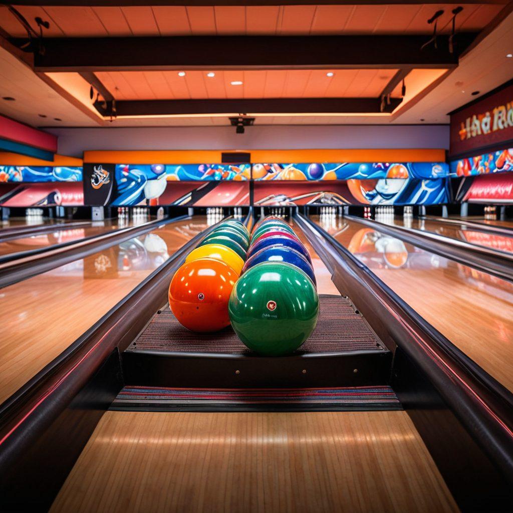 A well-organized display of various bowling equipment including colorful bowling balls, shiny bowling shoes, and stylish bowling bags, set against a vibrant bowling alley background. Include a pair of hands selecting a bowling ball, emphasizing the importance of choosing the right gear. Highlight dynamic lighting that captures the excitement of bowling. super-realistic. vibrant colors. sports theme.