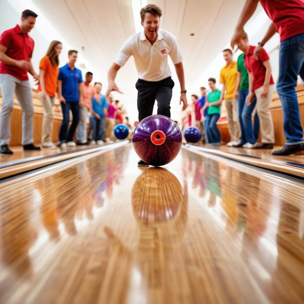 A dynamic scene of a bowler in mid-action, releasing a bowling ball down a polished wooden lane, with vibrant energy radiating from the ball. In the background, a cheering crowd and colorful bowling pins ready to be struck. The focus on precision technique in the bowler's stance, showcasing skill and confidence. Captivating light effects to emphasize motion and excitement. super-realistic. vibrant colors. white background.